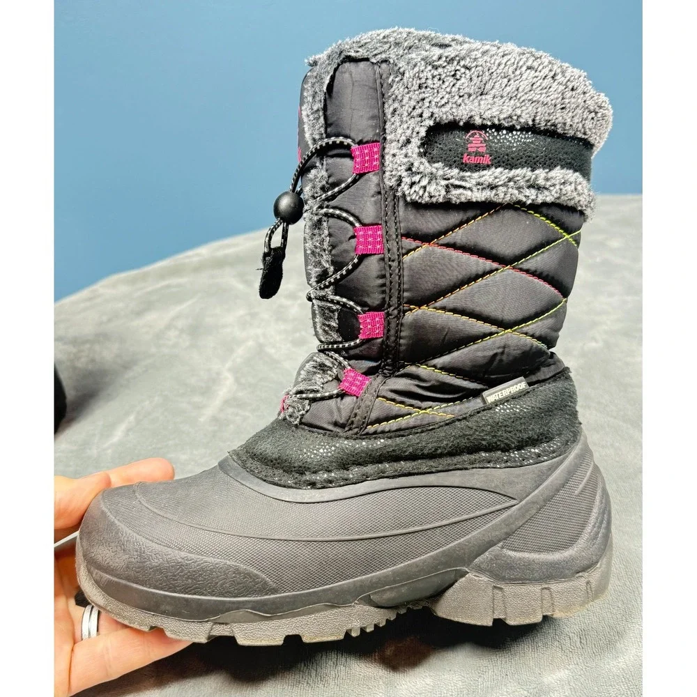 Kamik Star3 Snow Boots Girls 3 Black Pink Faux Fur Waterproof Winter